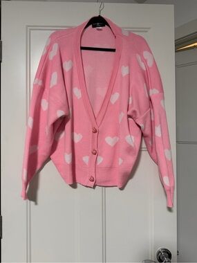 Pink Heart-Print Button Cardigan Sweater